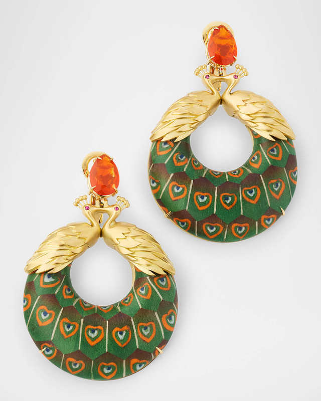 Round Peacock Marquetry Earrings with Diamonds and Opal